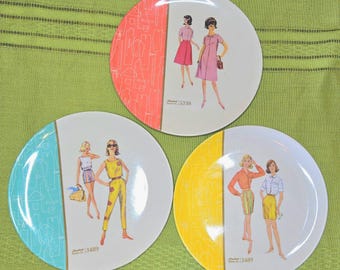 Simplicity Vintage Sewing Pattern Plates, Set of 3, Melamine, Craft Room Decor