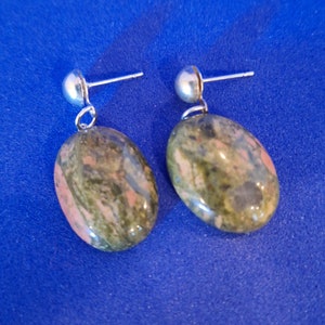 Unakite Earrings - Gemstone Earrings - Oval Earrings - Dangle Earrings - Drop Earrings - Cabochon Earrings