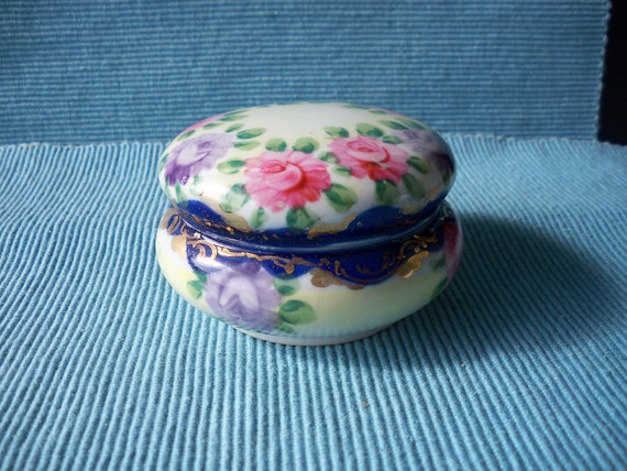 Trinket Box with Hand Painted Purple and Pink Ros… - image 1