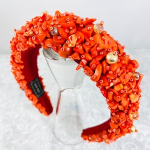 Coral Chip Beaded Statement Headband, Jeweled Headband, African Bridal headband, Sparkle Party Headwear, Hair Accessories for Women