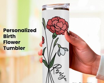 Personalized Birth Flower Skinny Tumbler With Name, Birth Flower Coffee Cup With Lid Straw, Bridesmaid Proposal, Personalized Tumbler