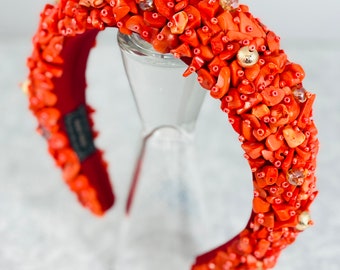 Coral Chip Beaded Statement Headband, Jeweled Headband 