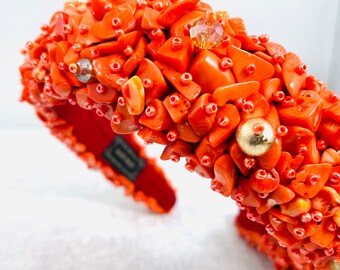 Coral Chip Beaded Statement Headband, Jeweled Headband  display picture 2