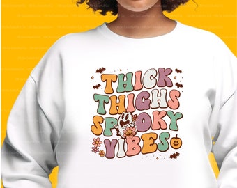 Dikke dijen en Spooky Vibes Retro Sweatshirt, Funny Halloween Sweatshirt, Halloween Party Sweatshirt, Retro Spooky Season Fall Sweatshirt