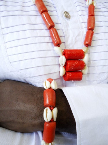 African Traditional Male Coral Beads Necklace Cowrie Shell Coral