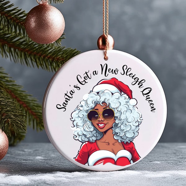 Afro Christmas Santa Ornament, Melanin Santa Claus Ceramic Ornament, 2023 Holiday Xmas Ornament, Black Girl Magic Sleigh Queen Ornament