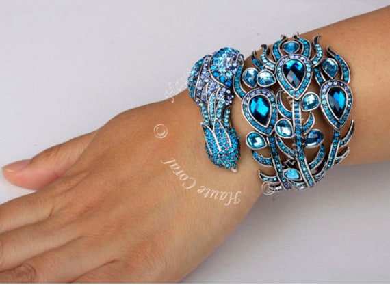 Peacock Silver and Rhinestone Statement Cuff - Etsy