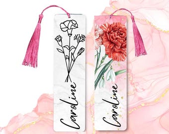 Birth Flower Bookmark with Name and Tassel, Double-Sided Floral Bookmark for Women, Gift for Her, Gift for readers, Gift for Book Lovers