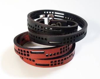 Leather Double Wrap Bracelet - squares motif, adjustable leather wrap bracelet, leather cuff, men's jewelry, men's bracelet