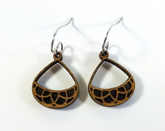 Rose Drop earrings in wood, cherry wood jewelry, wood jewelry, dangle earrings, drop earrings, bamboo earrings, alternative jewelry