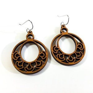 Fancy Hoop earrings in cherry wood (surgical steel ear wires), dangle and drop earrings, alternative jewelry, large statement earrings
