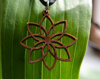 Lotus Flower Pendant in wood on leather cord, yoga jewelry, bamboo jewelry, leather jewelry
