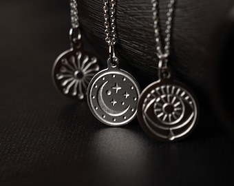 Set of 3 Layering Necklaces: Moon and Stars, Evil Eye, and Sunburst charm necklaces, silver jewelry, dainty necklaces, silver pendant