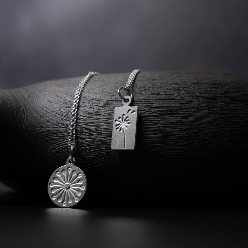 Dandelion Wish Delicate Silver Charm Necklace: Tiny rectangular dandelion pendant on silver chain, layering necklace, meaningful jewelry image 4
