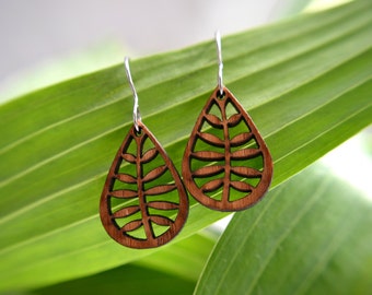 Leafy Earrings in cherry, wood jewelry, bamboo jewelry, leather jewelry, nature jewelry