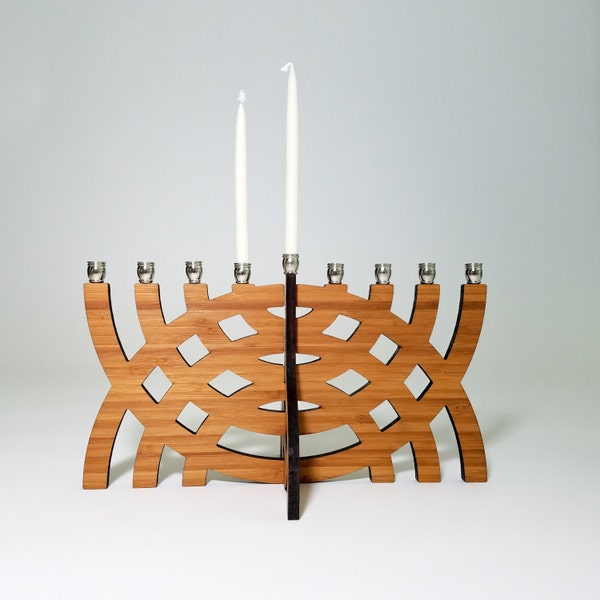 Intersecting Arcs Bamboo Menorah, Travel Hanukkah Gift, Judaica