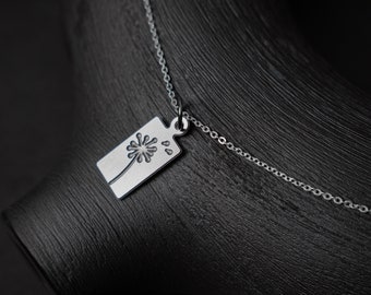 Dandelion Wish Delicate Silver Charm Necklace: Tiny rectangular dandelion pendant on silver chain, layering necklace, meaningful jewelry