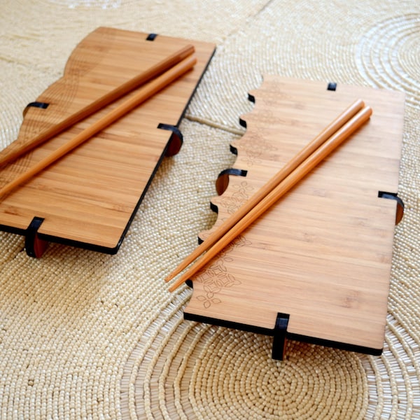 Bamboo Sushi Serving Sets, sushi board and chopsticks, wood sushi set, sushi plate, sashimi, sushi servingware, engraved sushi board