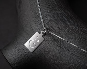 Celestial Charm Necklace: Tiny rectangular moon and stars pendant on silver chain, layering necklace, silver jewelry, delicate necklace