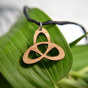 Celtic Trinity Knot Pendant in cherry on leather cord, irish jewelry, celtic jewelry, bamboo jewelry, wood jewelry, leather jewelry