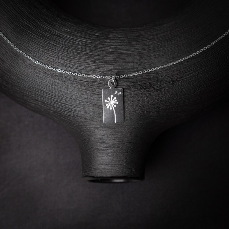 Dandelion Wish Delicate Silver Charm Necklace: Tiny rectangular dandelion pendant on silver chain, layering necklace, meaningful jewelry image 2