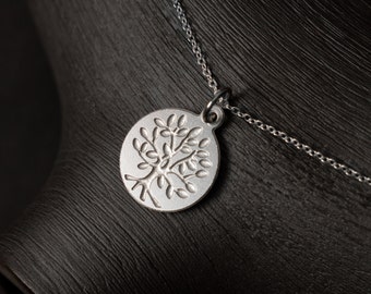 Tree of Life Charm Necklace: Tiny round stainless steel pendant on silver chain, layering necklace, yoga jewelry, dainty necklace