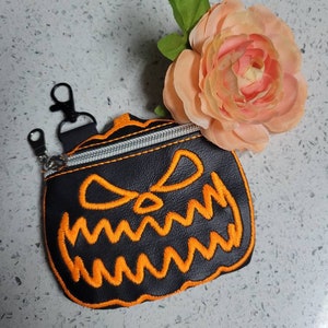 Gothic neon orange spooky pumpkin coin purse black vinyl wristlet small purse keyfob keychain Halloween
