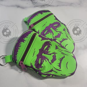 Beetle frank, neon green, Frankenstein coin pouch wristlet, clutch, halloween, goth accessories, spooky clothing, emo purse, zipper wallet