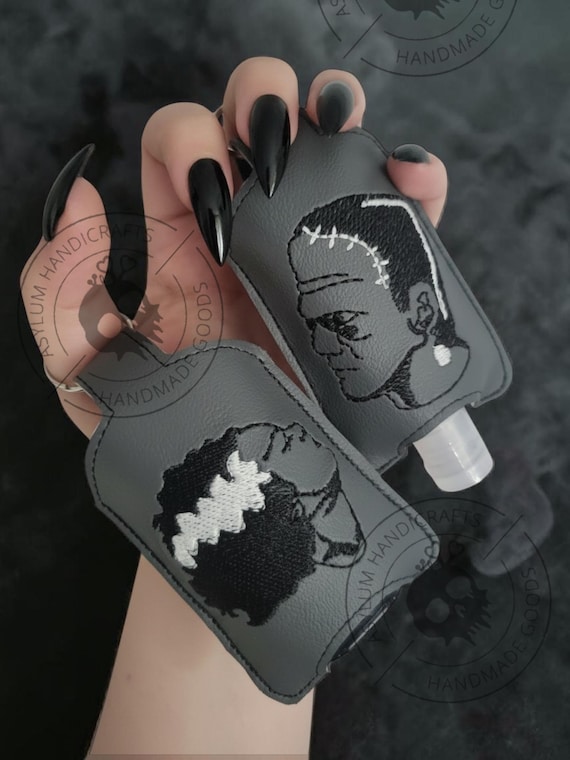 Embroidered Frankenstein Hand Sanitizer Holder, Vinyl Travel Case