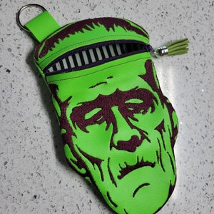 Beetle frank, neon green, Frankenstein coin pouch wristlet, clutch, halloween, goth accessories, spooky clothing, emo purse, zipper wallet