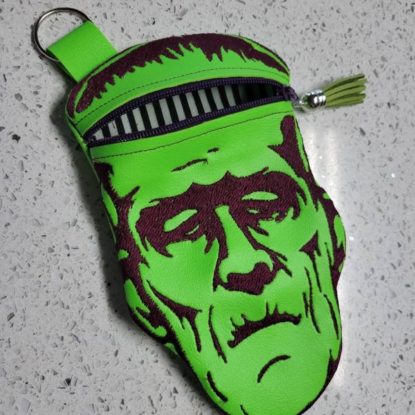 Beetle frank, neon green, Frankenstein coin pouch wristlet, clutch, halloween, goth accessories, spooky clothing, emo purse, zipper wallet