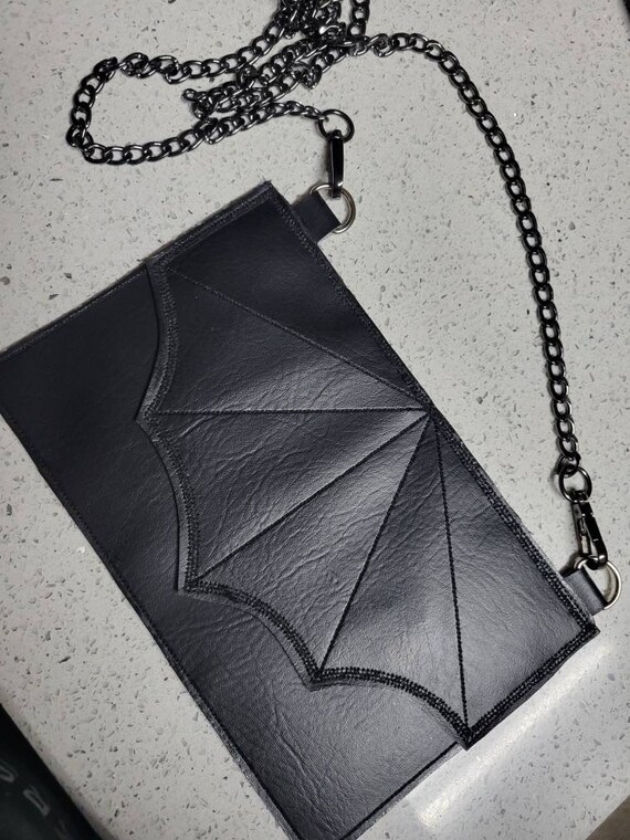 Gothic Bat Small Crossbody Bag Black Vegan Vinyl Halloween 