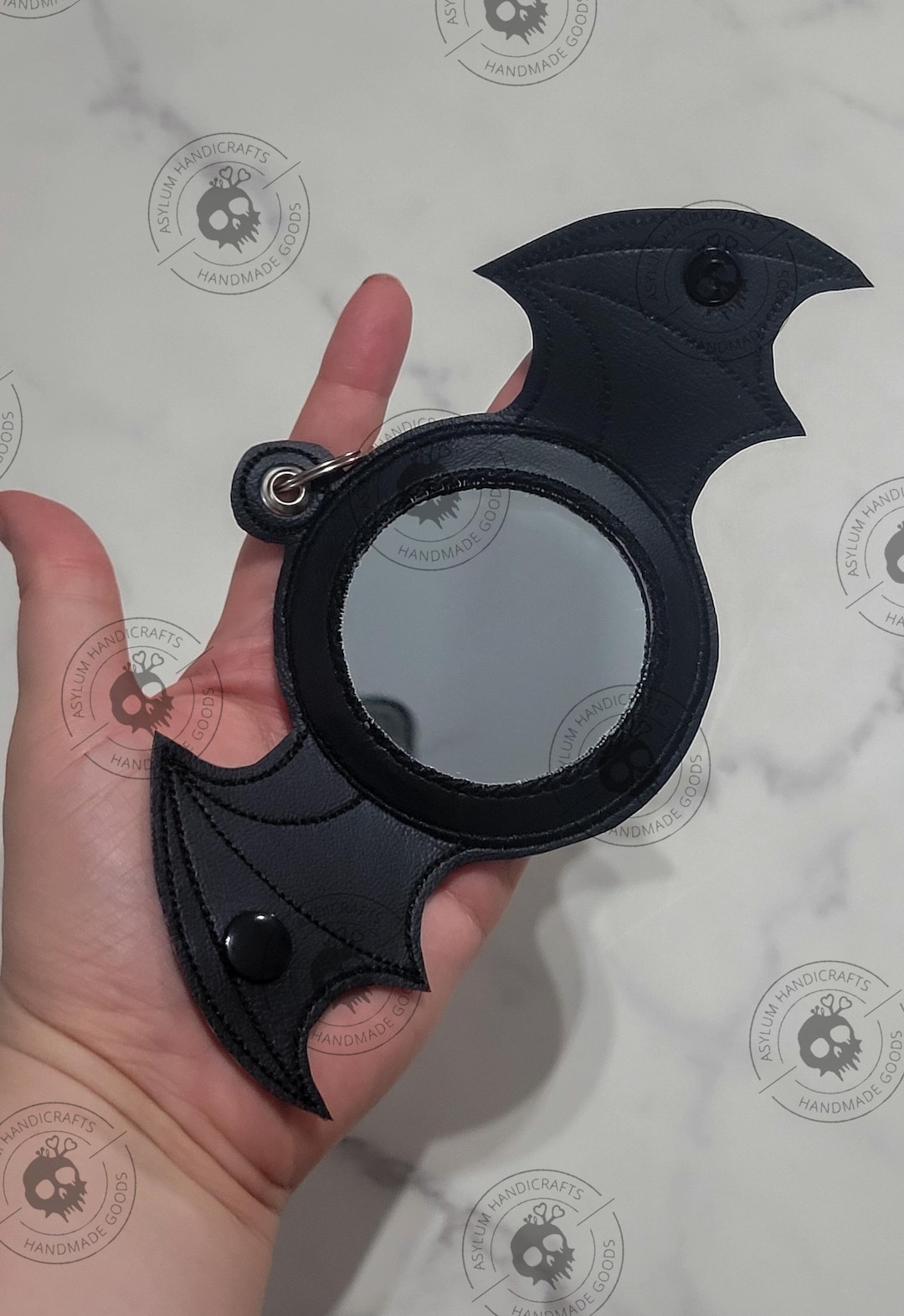 Bat Compact Mirror: Gothic Faux Leather Keychain, Halloween Travel Mirror - Etsy