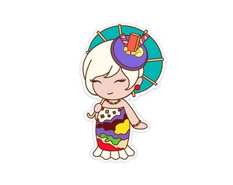 May include: A sticker featuring a cartoon illustration of a woman with blonde hair, wearing a colorful dress and holding a teal parasol. The woman has a purple hat with a decorative design and is smiling with her eyes closed. The sticker has a white border.