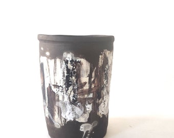 Small pottery vase, ceramic, black-brown clay, effect glaze