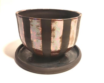 Decorative pottery plant pot, ceramic, black-brown clay, glazed, painted, with coaster