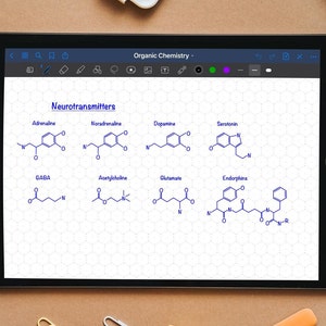 Puede incluir: La pantalla de una tableta digital muestra un diagrama dibujado a mano de varios neurotransmisores, incluyendo adrenalina, noradrenalina, dopamina, serotonina, GABA, acetilcolina, glutamato y endorfinas. El diagrama está dibujado sobre un fondo cuadriculado.