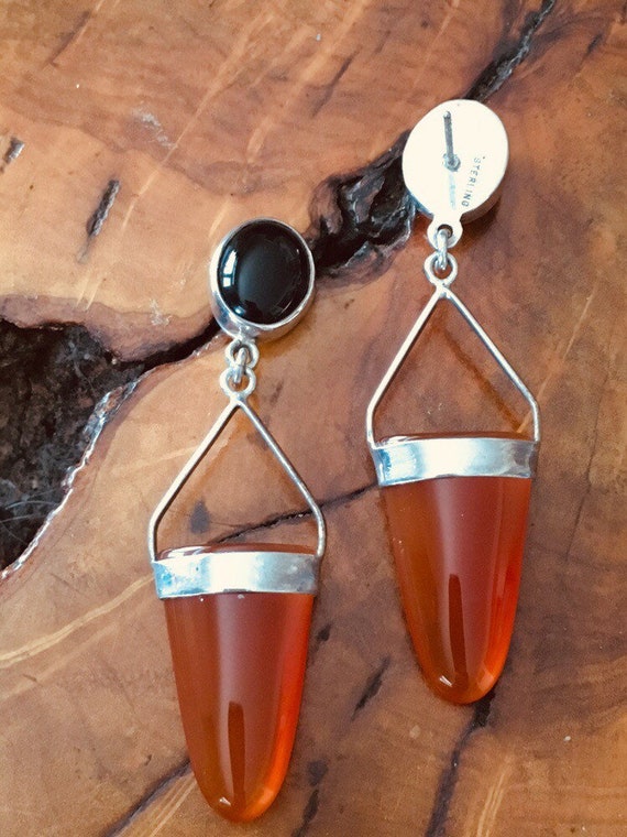 Black Onyx & Amber Sterling Silver Drop Earrings - image 2