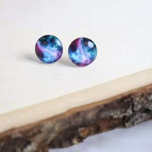 Space Galaxy Glass Cabochon Stud Earrings - Handmade - 12mm - Sensitive Ears