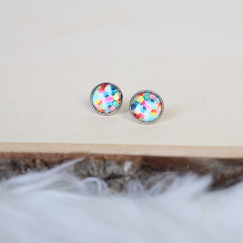 Handmade Sensitive Ears Multicolor Hexagon 12mm Glass Cabochon Stud Earrings