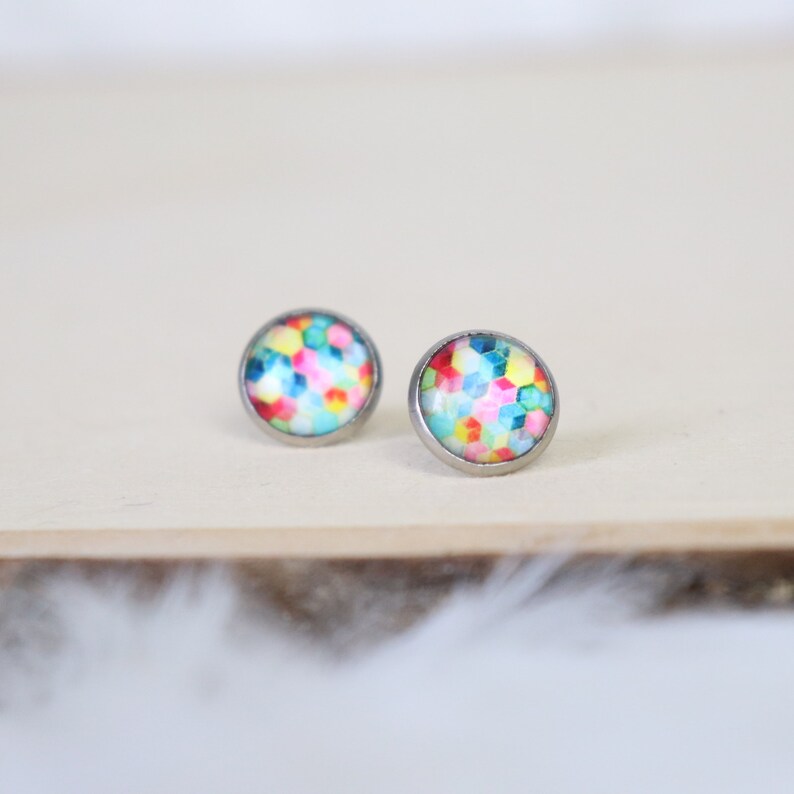 Handmade Sensitive Ears Multicolor Hexagon 12mm Glass Cabochon Stud Earrings