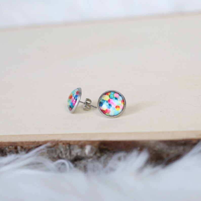 Handmade Sensitive Ears Multicolor Hexagon 12mm Glass Cabochon Stud Earrings