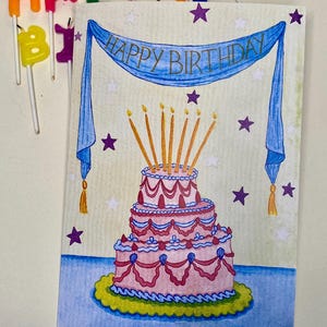 CARTÃO DE ANIVERSÁRIO | Ilustração em aquarela | Cartão de felicitações | Ilustração de bolo Lambeth vintage | Presente fofo | Ilustração de banner | Cartão A5