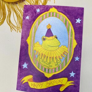 CARTÃO DE ANIVERSÁRIO | Pintado à mão | Ilustração em aquarela | Cartão de felicitações | Ilustração de sapo com chapéu de festa | Presente fofo | Ilustração de banner | Cartão A5