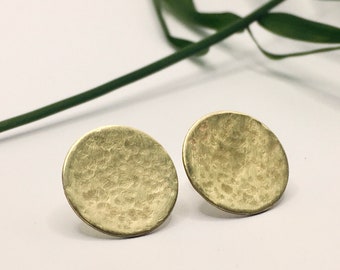 Large Hammered Brass Stud Earrings: Handmade Round Design