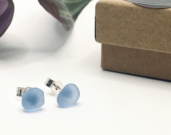 Blue Sea Glass Earring Studs
