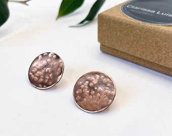 Large Copper Stud Earrings - Round Copper Earrings Hammered Effect Handmade