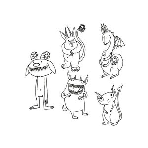 Puede incluir: Un dibujo en blanco y negro de cinco monstruos de dibujos animados con diferentes expresiones y características. Los monstruos están todos de pie sobre un fondo blanco.