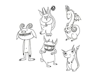 Op de afbeelding: Een zwart-witte lijntekening van vijf cartoonmonsters met verschillende uitdrukkingen en kenmerken. De monsters staan ​​allemaal op een witte achtergrond.