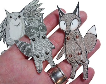 Woodland Animal Paper Dolls Puppets Patterns, Articulated Mechanical Animals, Printable Animal Digital Downloadable Owl Fox Raccoon 0051